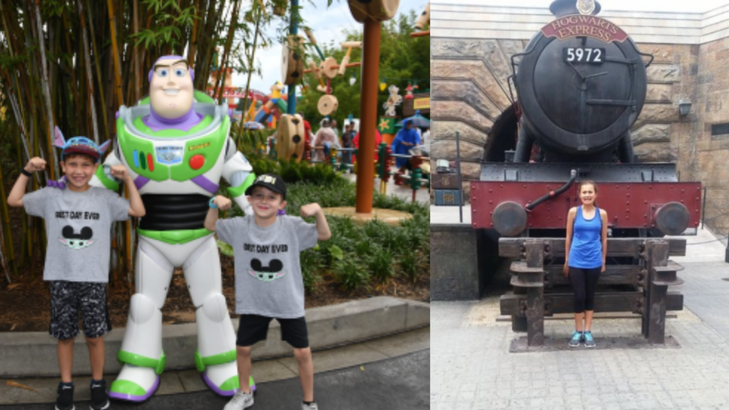 Family vacation photos at Disney with Buzz Lightyear and Universal Orlando at the Hogwarts Express.