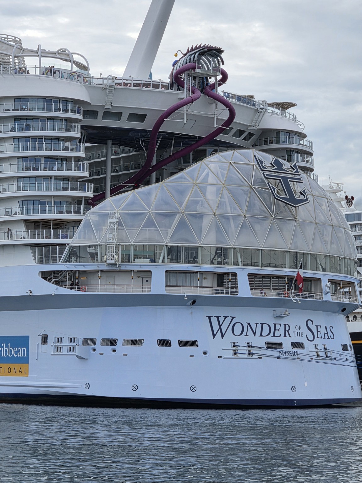 Exterior view of Royal Caribbean's Wonder of the Seas with the ship name visible.